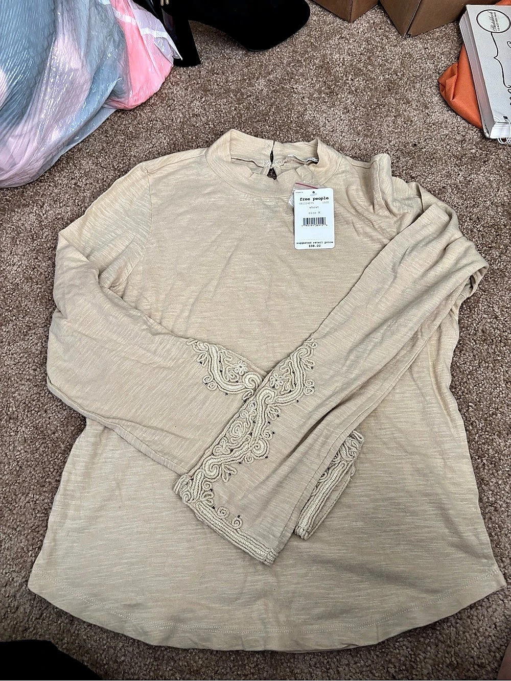 Free People Hooked On You Top Embroidered Cuff Cream Medium